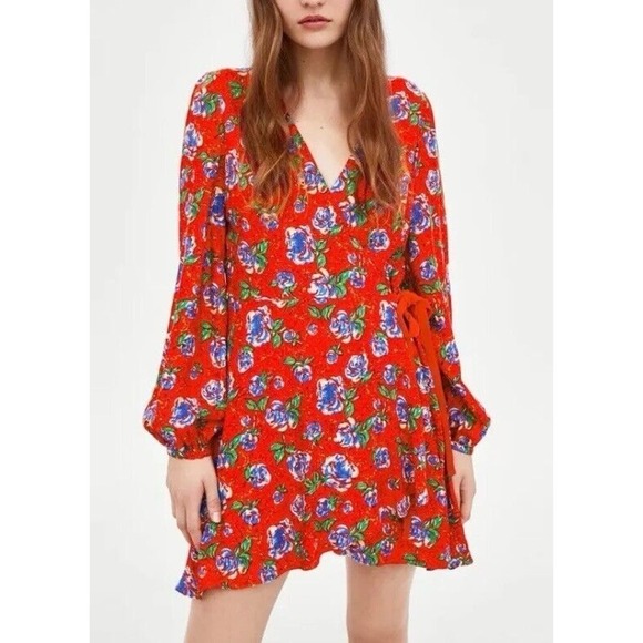 Zara Women Sz S Red Floral Print Long Sleeve V-neck Crossover Mini Romper Dress - Picture 3 of 12